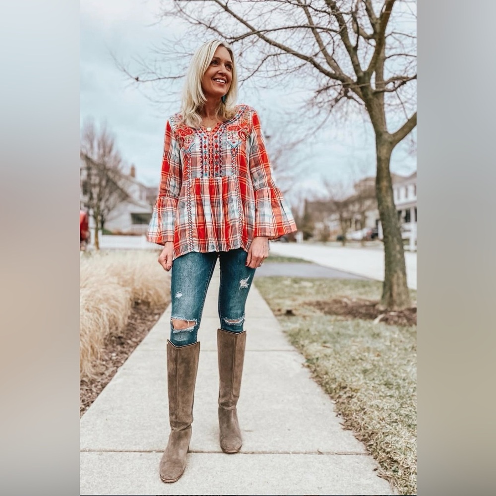 Kyla Seo Red Plaid Embroidered Women's Tunic